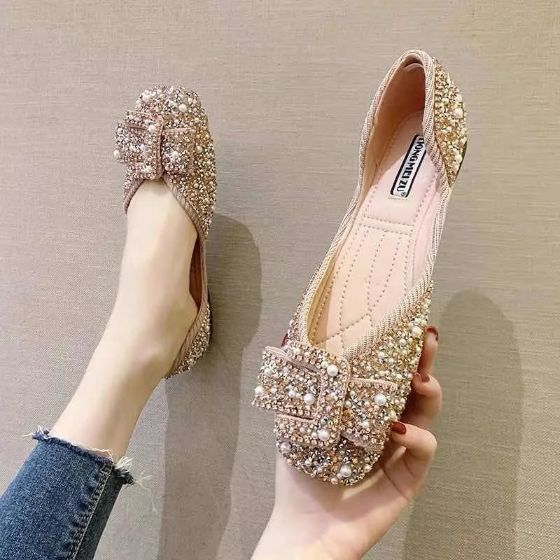 Women 2024Spring Pearl Shoe Water Diamond Mary Jane Shoes Shallow Mouth Square Head Single Shoe Flat Bottom Elegance Casual Shoe