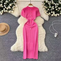 Chic O-neck Elegant Short Sleeve Slim Single Breasted Knit Dress High Street Women Vintage Korean Office Lady Casual Clothing