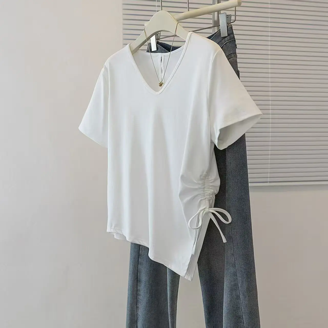 

Plus-size women's summer new pure color loose slimming versatile asymmetrical drawstring pleated short-sleeve T-shirt