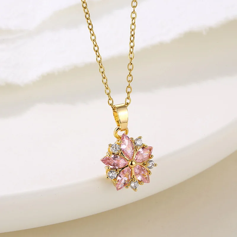 

New Sweet Pink Cherry Blossoms Pendant Stainless Steel Necklaces for Women Korean Fashion Temperament Clavicle Chain Jewelry