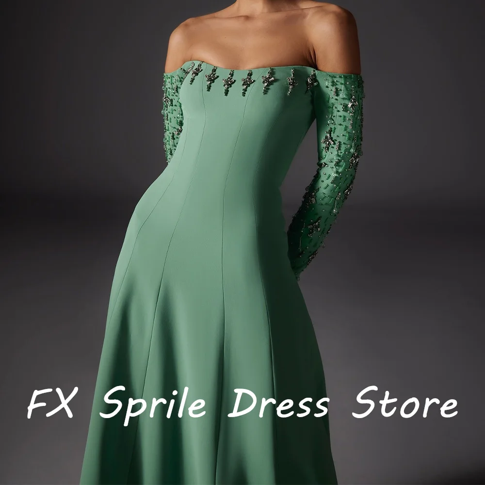 A-Line Strapless Off the Shoulder Long Sleeves Beading Zipper Back Jersey Floor Length Solid Color Elegant Evening Party Dresses