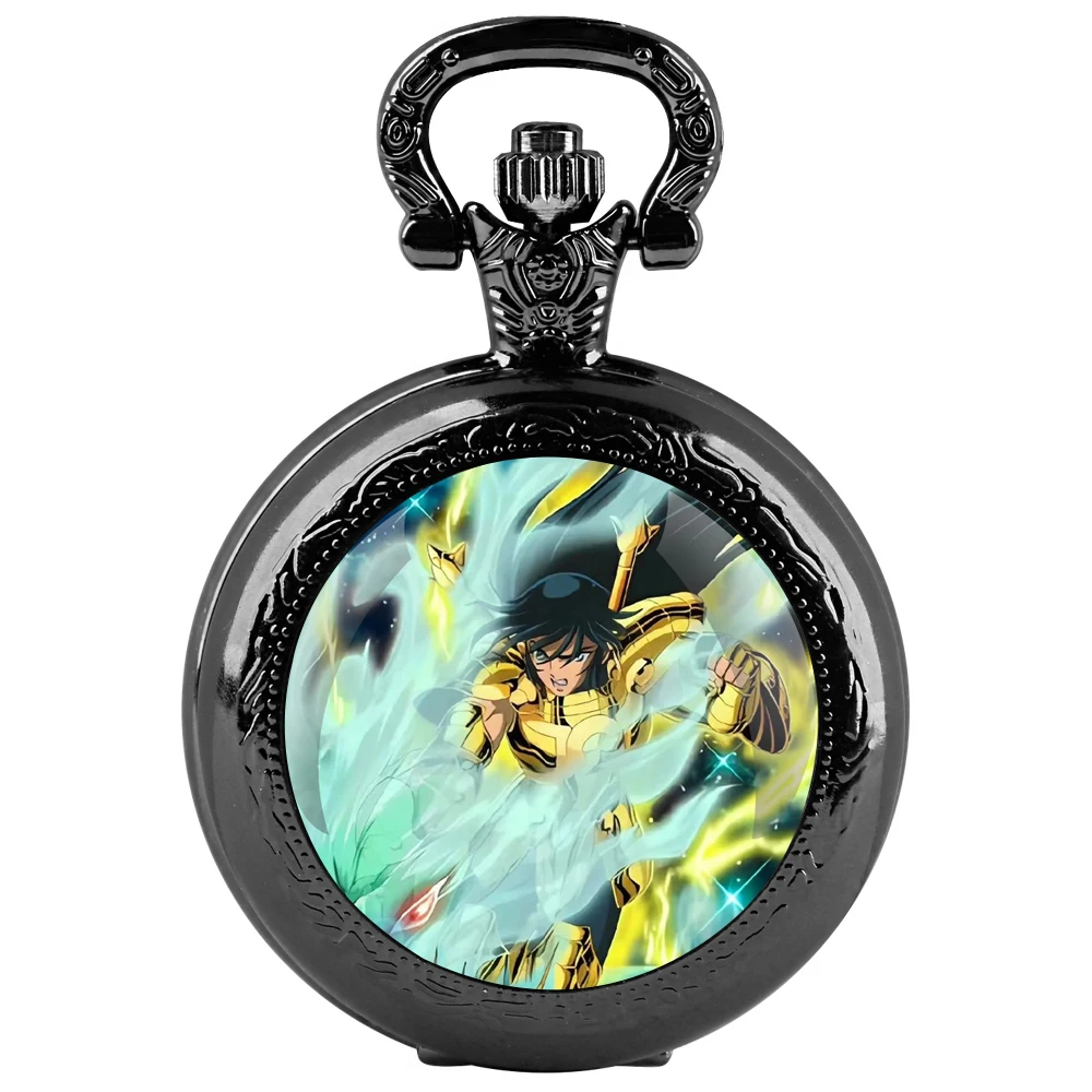 Saint Seiya Glass Dome Black Quartz Pocket Watch with Arabic Numerals Dial and Durable Chain Retro Gift for Men Women