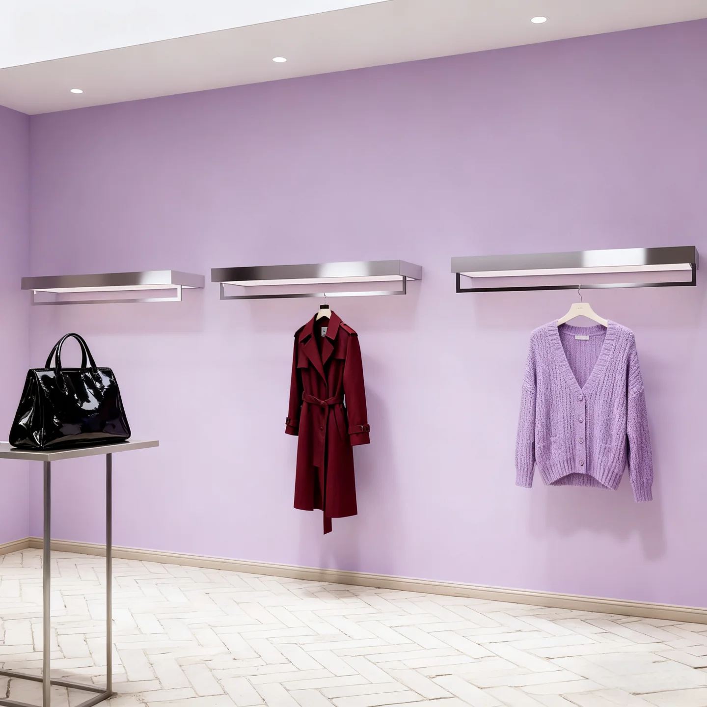 Clothing Store Display Rack Stainless Steel Wall-mounted Wall-mounted Clothes Rack with Light Women's Clothing Store Silver Disp