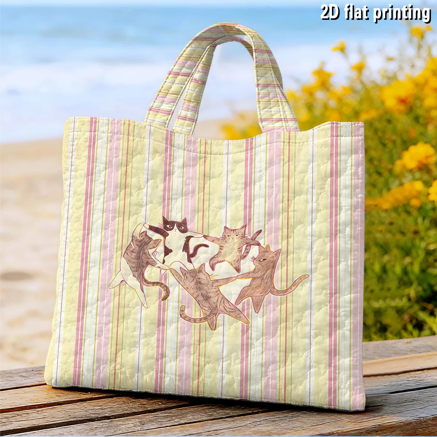 Pastel Stripe Kitten Women canvas shoulder bag Dual-Side Printed Tote Bag shopping bag Fashionable and fun gift handbag