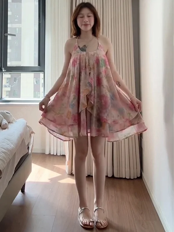 Backless Neckline Oil Painting Dress Floral Gradient Beach Vacation New Style Simple Skirt High Waist Polyester Fiber Spring ...