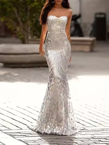 VITRCHP Plus Size Sleeves Evening Dress Mermaid Sequins Deep V-Neck High Waist A-line Party Wedding Dress Formal Prom Dresses