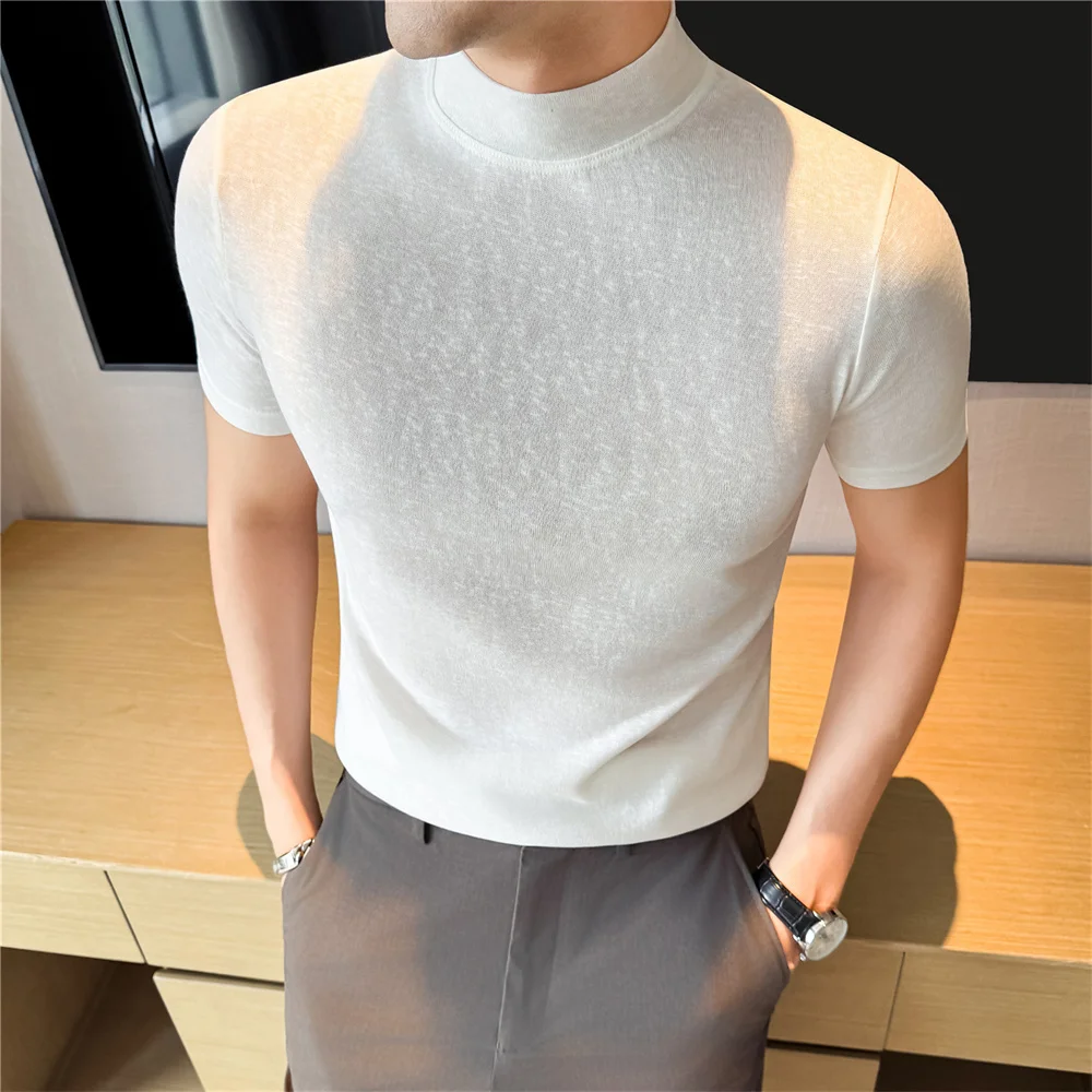 Luxury Thin Silk Cotton Men Knitted T-shirts Short Sleeve Mock Neck Slim Fit Men's T Shirt Summer Soft Touch Comfortable Tops