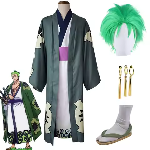 Anime Cosplay Costume Roronoa Zoro Green Wig Gold Earrings Shoes Halloween Costume