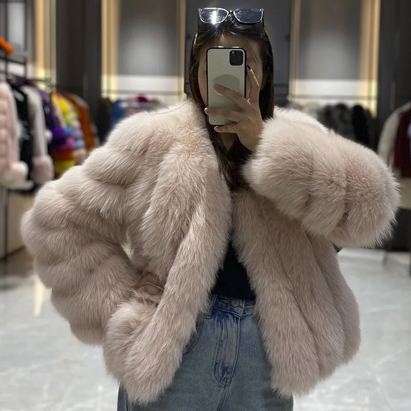 JANEFUR 2024 Thick Warm Real Fox Fur Coat Pink Fashion V-neck Fox Fur Collar Coats Elegant luxury Lady Fur Outwear