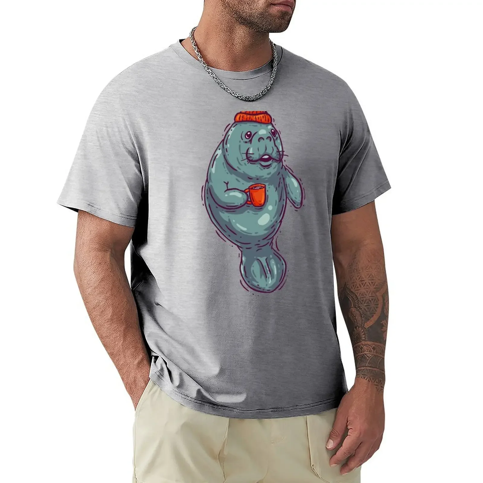 Morning Manatee - Having a Coffee Manatea Dugong Manatee County T-shirt oversized blanks tops t shirts men