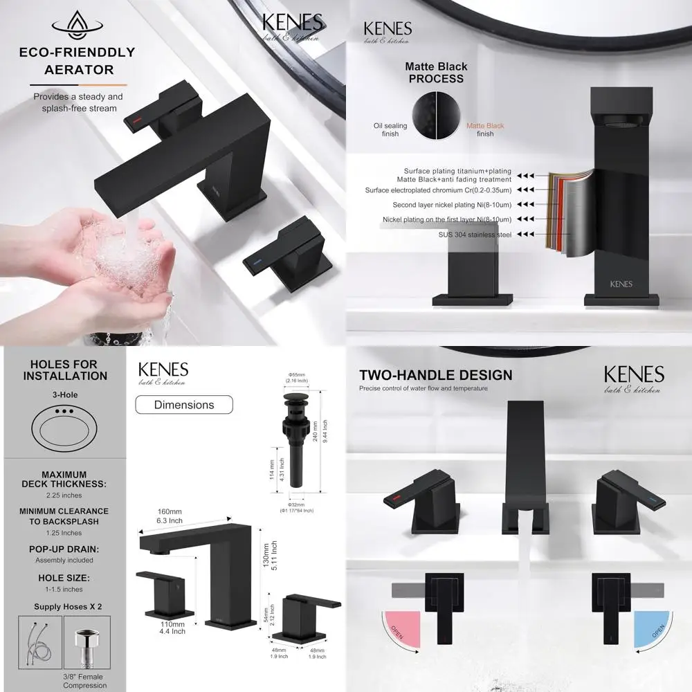

Matte Black 3-Hole Widespread Sink Faucet, 8 Two-Handle Bathroom Vanity Set with Pop-Up Drain and Lines, KE-9050-2-P