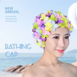 2024 Women's Pleated Flower Swimming Cap Free Size Soft Long Hair Breathable Shower Cap Beach Surfing Protect Ears Elastic Caps