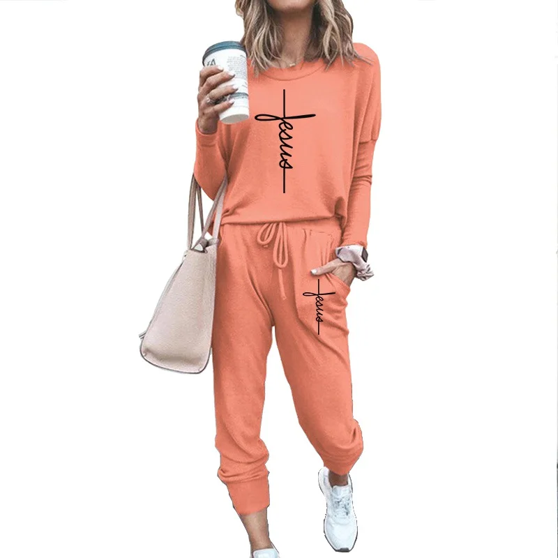 Women's Faith Jesus Cross Prints Sportswear Suit Sportswear Track Suit Solid Color Long-sleeved Jogging Top + Pants(7 Colors)