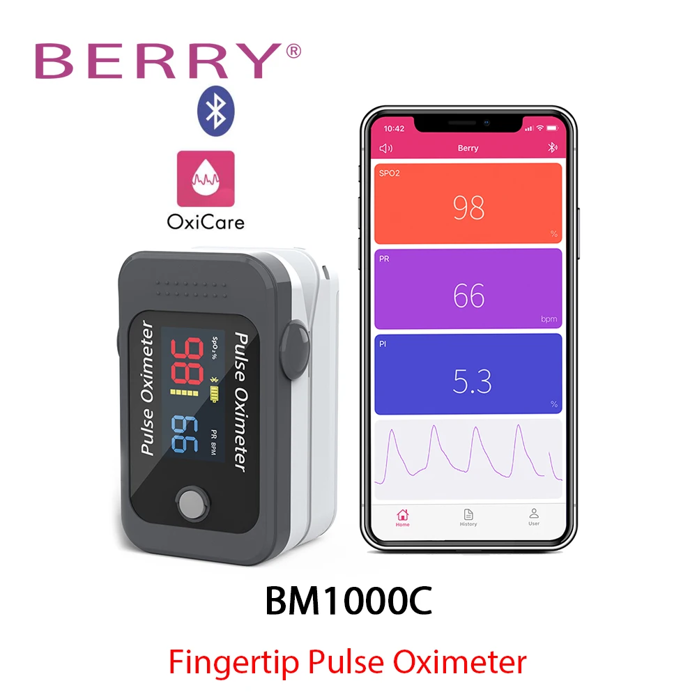 BERRY Oxymètre de pouls au doigt SPO2 Moniteur de saturation de fréquence cardiaque en oxygène dans le sang avec alarme Bluetooth médicale avec affichage numérique