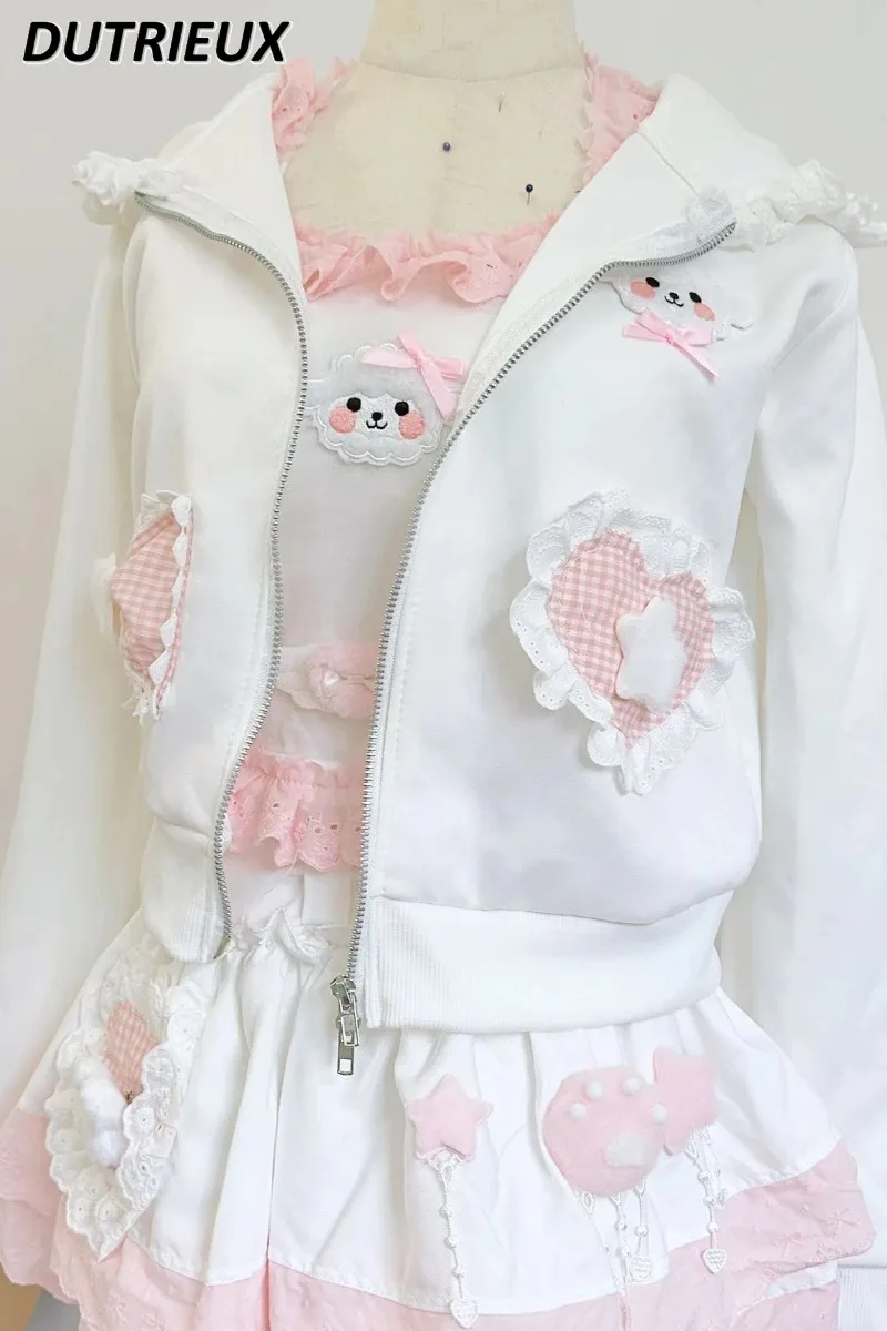 Manteau à Capuche Blanc pour Fille, Veste Courte et Jupe Trapèze, avec Nministériels d Doux, Polyvalent Japonais, Tenue Originale, Nouvelle Collection Automne