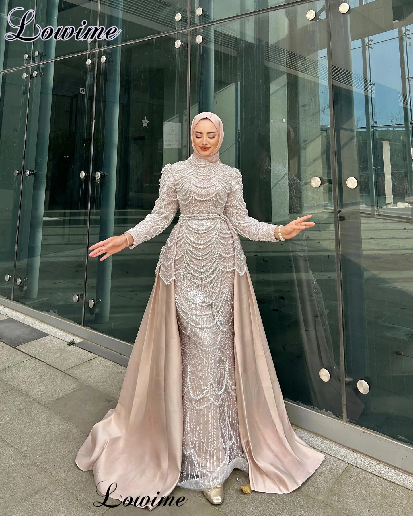 Middle East Champagne Celebrity Dresses With Detachable Train Muslim Formal Occasion Dresses Mermaid Vestidos De Gala Gowns