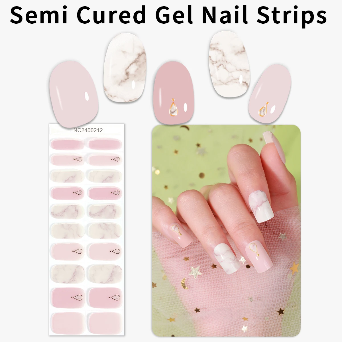 20 punte Strisce per unghie in gel semicurato Gradiente Adesivi per smalto gel fai da te Splendida lamina d'oro Copertura completa Involucri per unghie in gel UV a lunga durata
