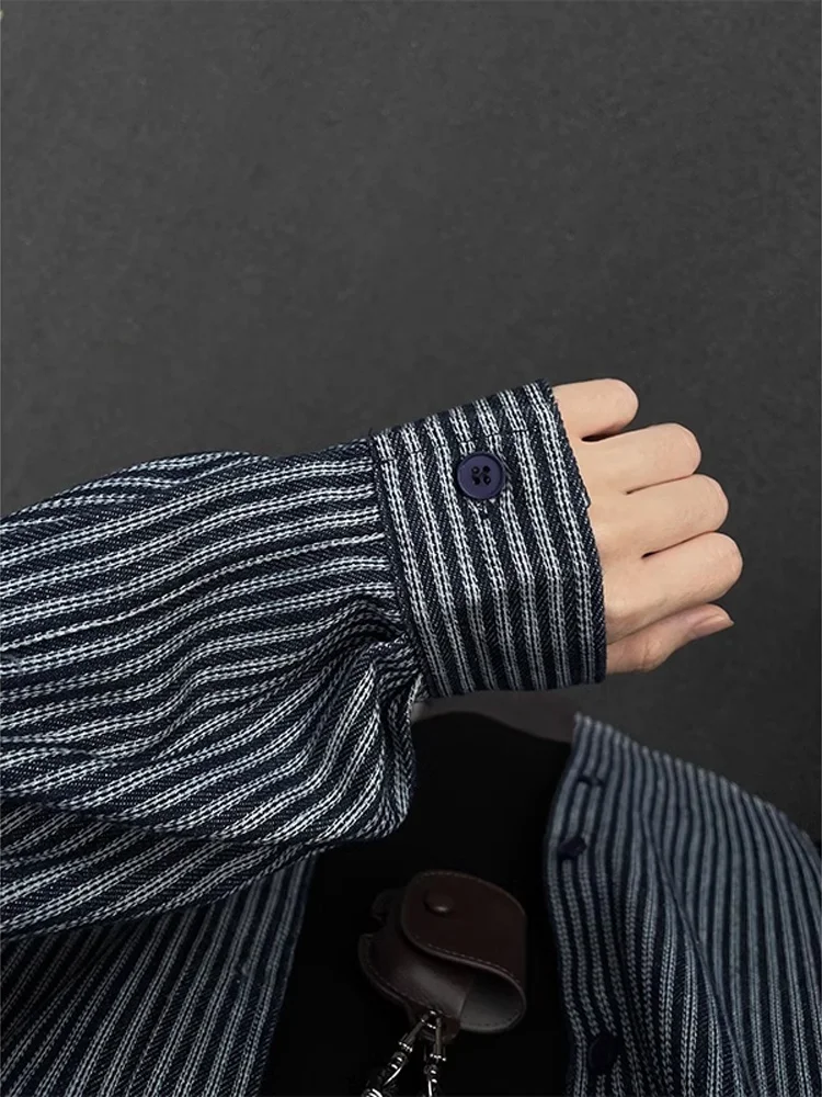 

American Retro Blue Denim Shirt Men's Spring Summer Trendy High-End Cleanfit Long Sleeve Striped Shirt Jacket Polyester Fiber