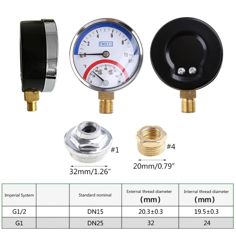 G1/G1/2 Thread Temperature & Pressure Gauge 0-120 ℃ 0-10 Bar Mearsuring Range Fitting- for Floor Heating System