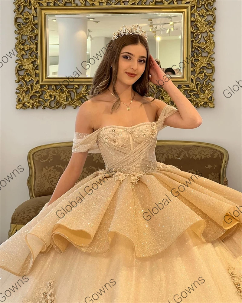 Szampan Off The Shoulder suknia Quinceanera sukienki dla dziewczynek zroszony impreza celebrytów suknie plisy warstwowa Graduation Vestido