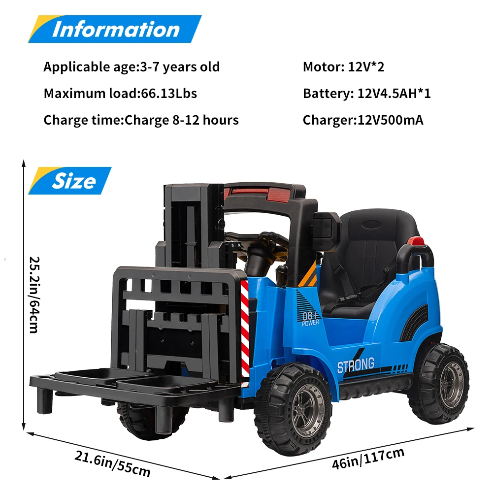 12V Ride on Forklift Car, Electric Ride On Construction Car with Remote Control, Liftable Fork and Pallet, 2 Speeds, Music, USB