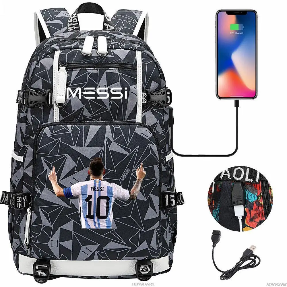 Football Stars Messi Backpacks Camouflage USB Teens School Bags Waterproof Boys Girls Casual Travel Laptop knapsacks