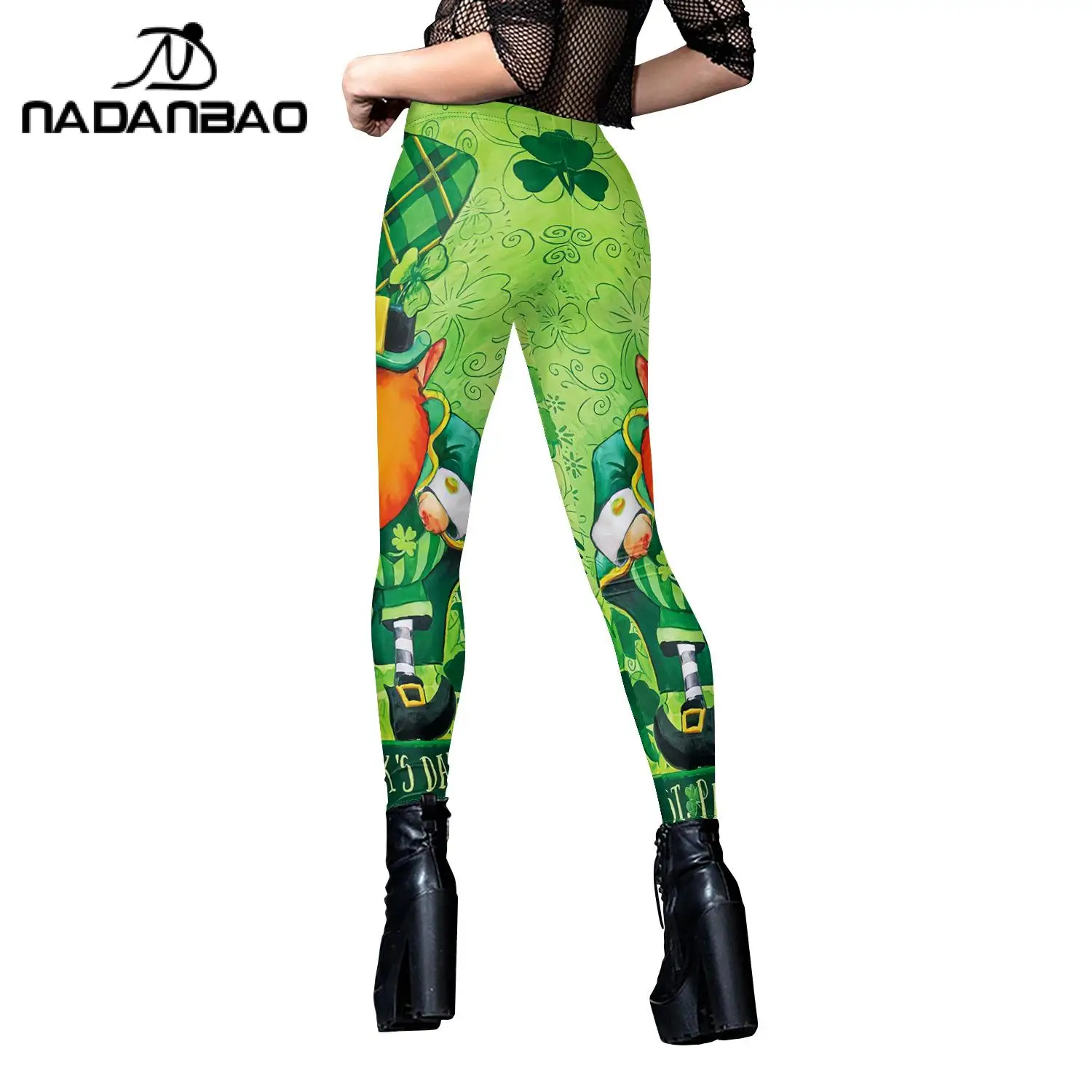 Nadanbao St. Patrick's Day Clover Leggings Women Green Sexy Tights Irish Festival Party Trousers Girls Mid Waist Workout Pants