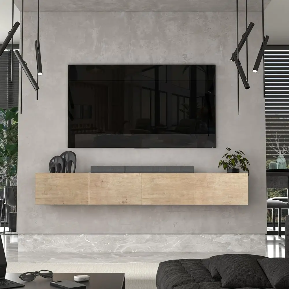 Floating TV Stand Wall Mounted, Natural Oak TV Stands or Living Room, Entertainment Center with Cable Management & Extra Storage