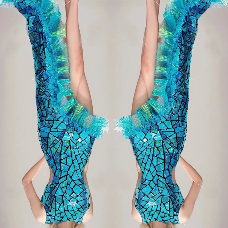 

Blue Mirror Dress Women Celebrate Evening Dresses Party Festival Outfit Jazz Dance Costume Stage Catwalk Wear Rave showgirl