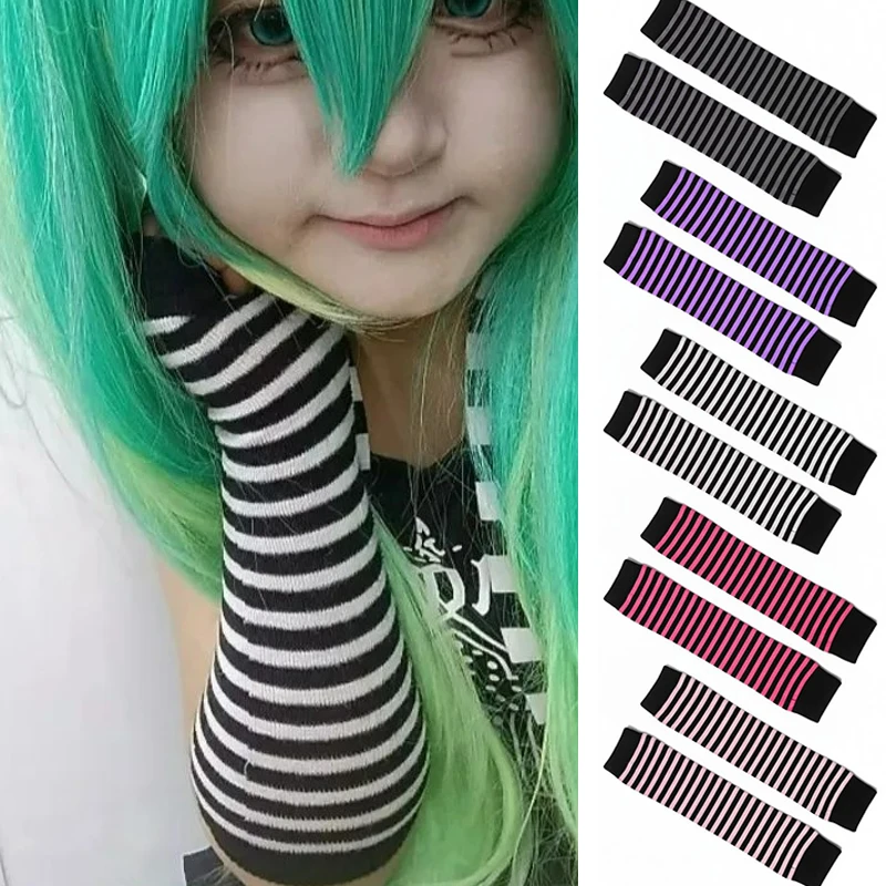 Unisex Gothic Lolita Gloves Arm Cover Harajuku Arm Warmers Black Grey Striped Fingerless Punk Long Wristband Metallic Gloves