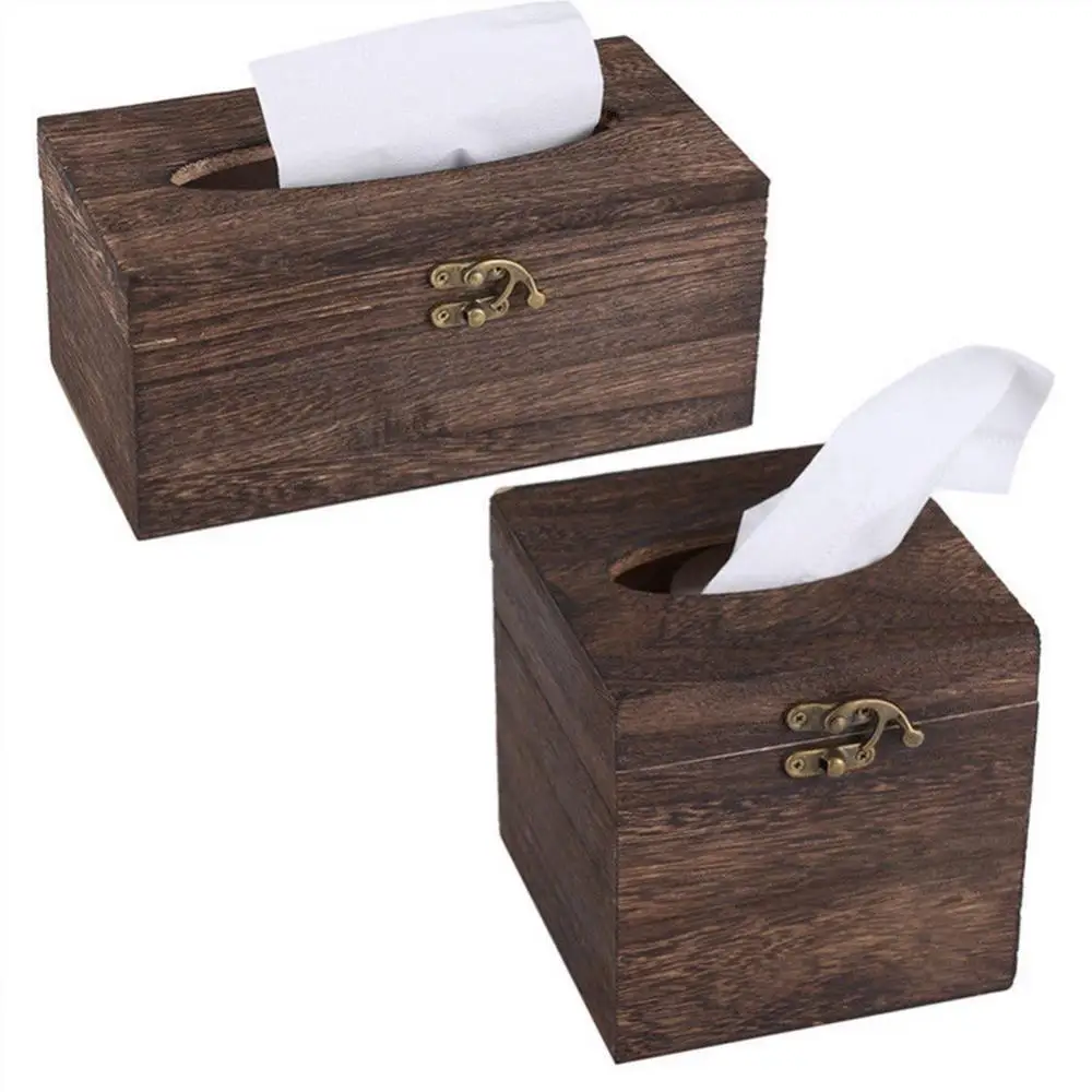 Solid Wooden Tissue Box Vintage Metal Lock Paper Napkin Holder Dispenser Case Bathroom Office Desk Living Room Home Decoration