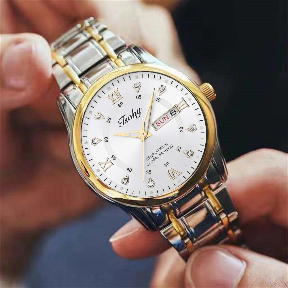 Klassieke alles-in-één knappe trend herenhorloge persoonlijkheid casual jeugd stalen riem duurzaam dubbel kalendernummer eenvoudige mannen