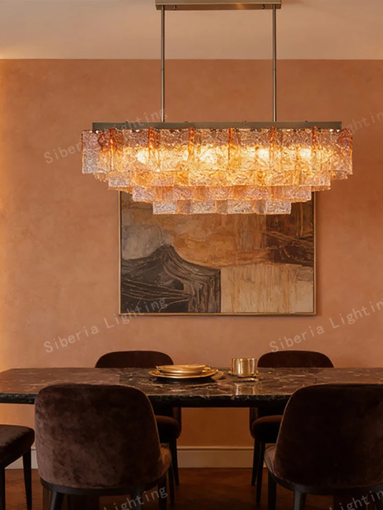 

Red Water Ripple Glass Chandeliers LED Lighting Fixture Hanging Lamp Vintage Rectangle Restaurant Decor Lustre Dining Room