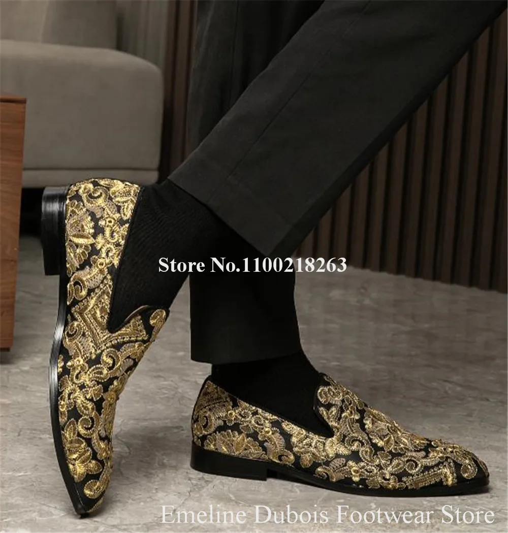 Newest Men Gold Embroidery Loafers Emeline Dubois Round Toe Printed Slip-on Flat Leisure Shoes Men Men Party Shoes