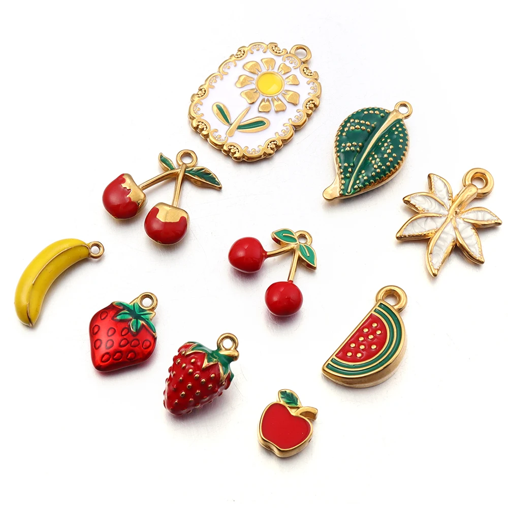 2pcs Stainless Steel Enamel Charms Cute Strawberry Cherry Fruit Flower Leaf Pendants DIY Necklace Bracelet Jewelry Making image 4