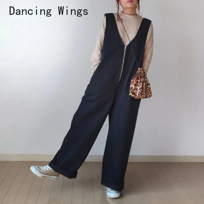 Women Jumpsuits 2024 Autumn Ladies Japanese Commuter Zipper Sleeveless Pockets V-Neck One Piece Long Wide Leg Pants