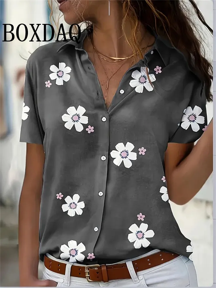 Summer Chic Women\'s Lapel Short-Sleeved Loose Shirts Spring Single-Breasted Tops Casual Flower Printed Blouses Women\'s Clothing
