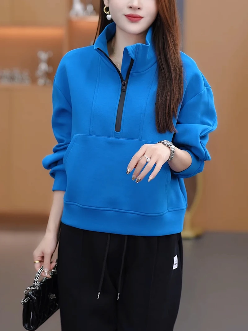 

Blue Loose Fit Zip up Hoodie Pure Cotton Stand Collar Women's Faionable Versatile Outerwear Long Sve Winter Coat