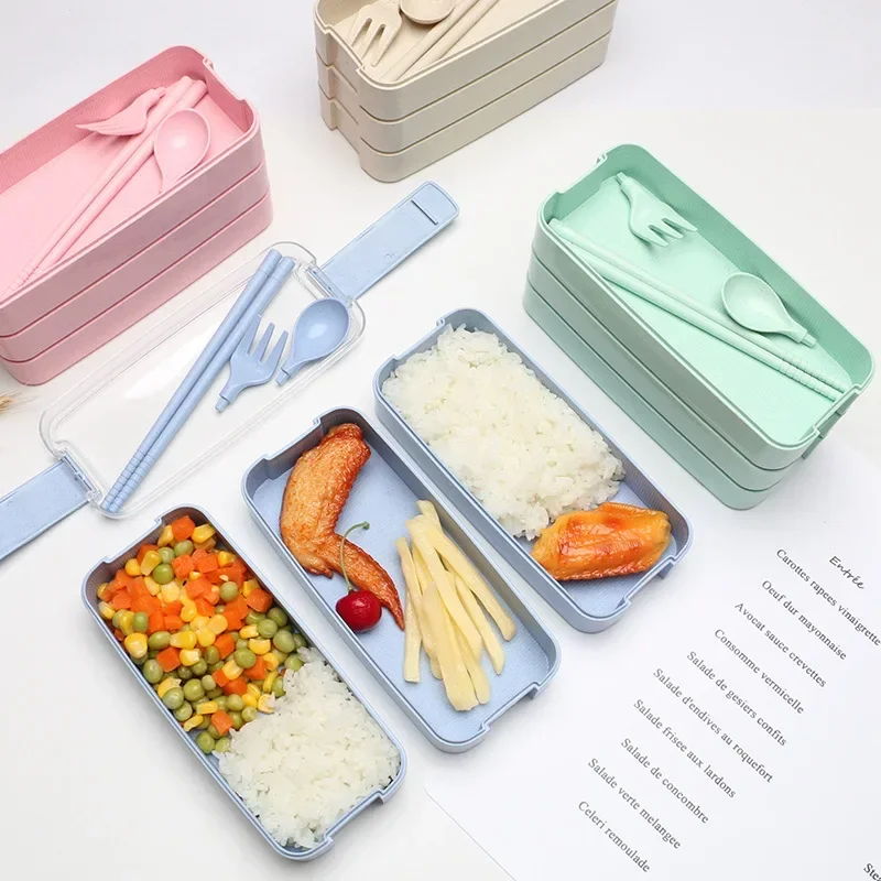 900ml 3 Layers Bento Box Eco-Friendly Lunch Box Food Container Wheat Straw Material Microwavable Dinnerware Lunchbox