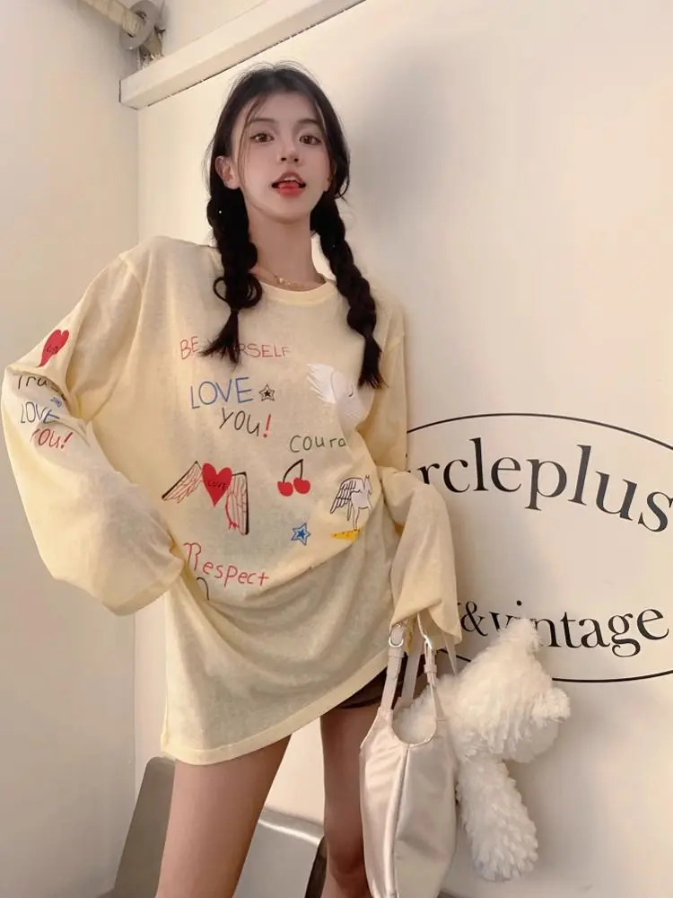 American Letter Printed Long Sleeved Sunscreen T-shirt Summer Loose Medium Yellow Cute Thin Slightly Transparent Top