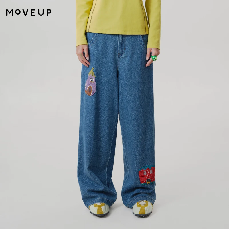 MOVEUP 100% Cotton Wide‑Leg Jeans 2026 Autumn Back Elastic Waist House Patch Embroidery Casual Straight Denim Trousers 3ELQ40308