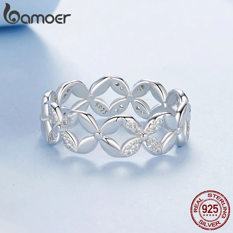 BAMOER Authentic Original Fashion 100% Solid 925 Sterling Silver Flower Finger Ring Forever Love Jewelry Valentine's Day Gift