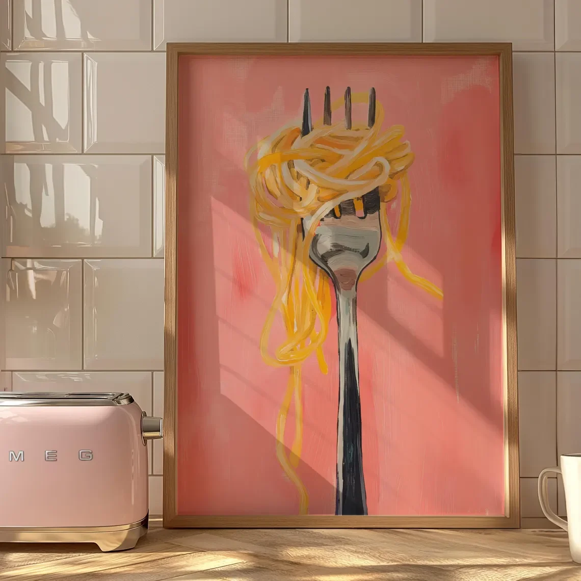 Spaghetti Pasta Fork Pink Matte Vertical Poster Art Print - Wall Decor, Kitchen, Housewarming, Italian Food, Whimsical Painti