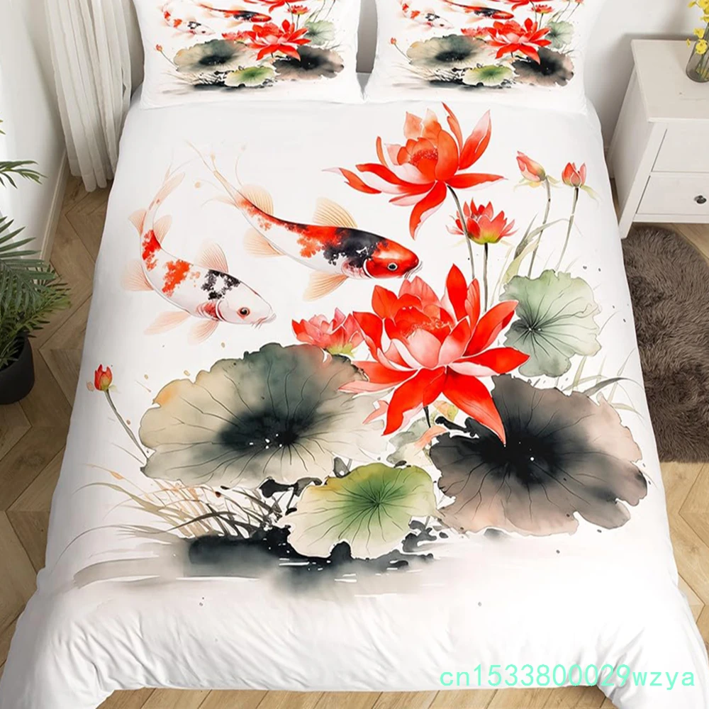 Koi Duvet Cover King Cherry Blossom Japanese Ukiyo-e Bedding Set Sakura Marine Animals Comforter Cover,Pink Romantic Quilt Cover