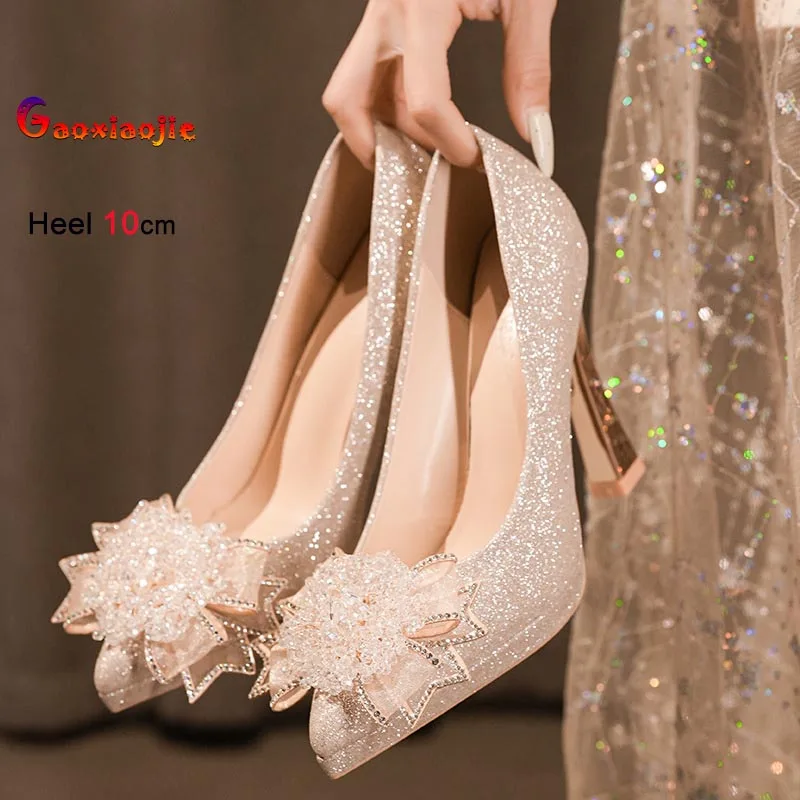 

2026 French Style Wedding Shoes Rhinestone Shallow Mouth Pointy Toe Single Shoes Ladies High Heels Spring Fashion Women's Pumps