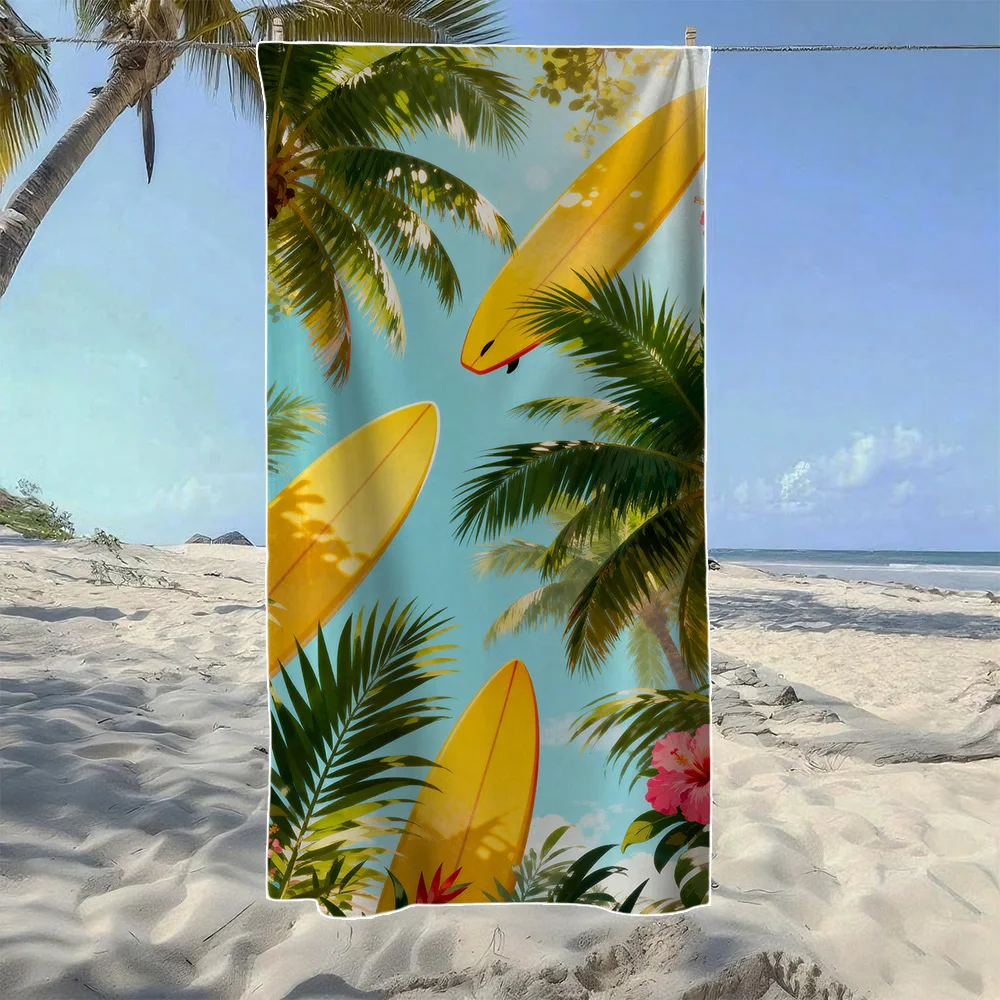 Palm Tree & Surfboard Tropical Beach Towel, Soft Quick-Drying, Perfect For Portable Outdoor Travel,Camping And Summer Beach
