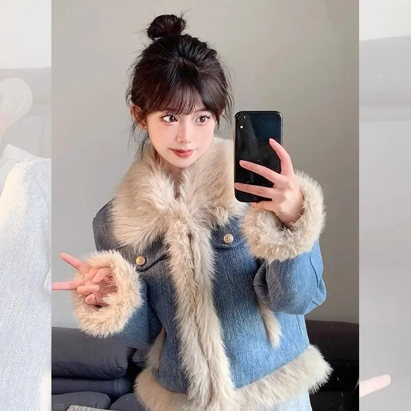 سترة معطف من قماش الدنيم الأزرق بياقة من الفرو للسيدات لخريف وشتاء 2025 ، ملابس نسائية للخريف معاطف سميكة ودافئة وسترات #3