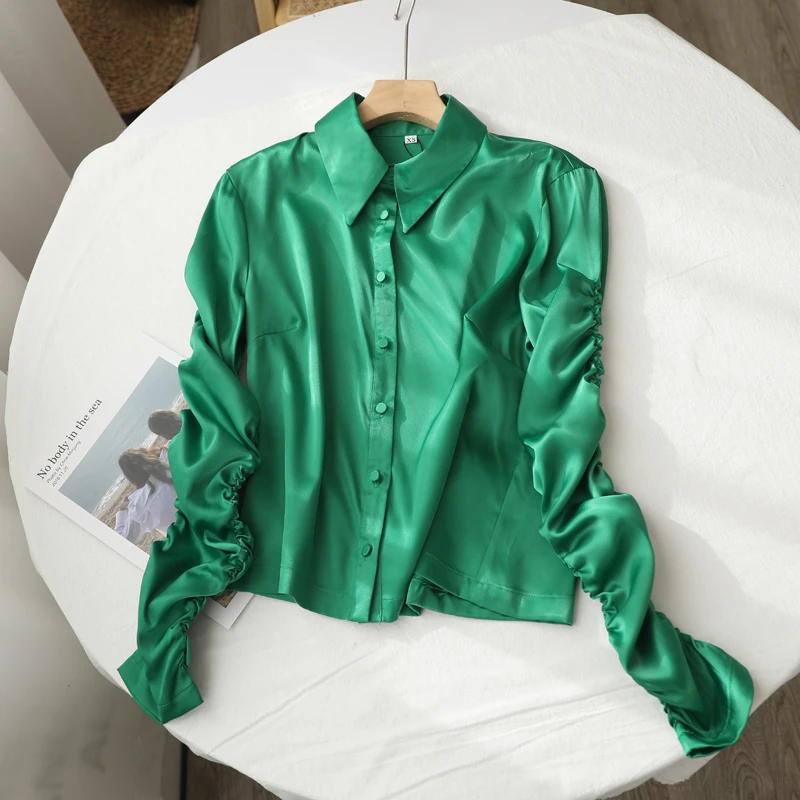 

Green Chic Design Pleated Blouse for Women Turn-down Collar Long Sleeve Shirt Autumn All Match