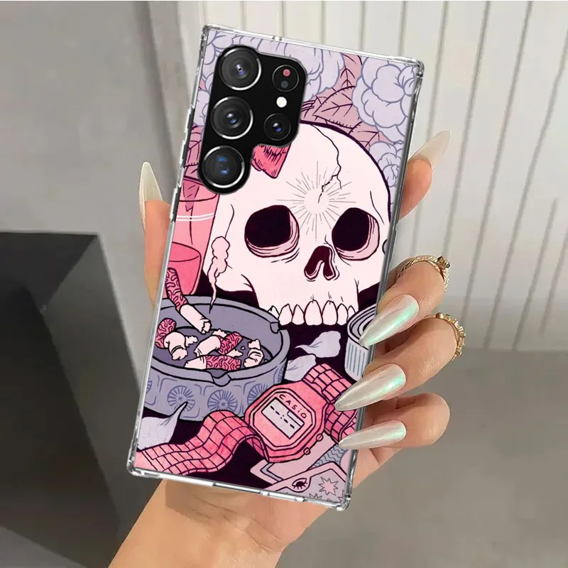 Pink Cat Skull Sorceress Witch Phone Case for Samsung Galaxy S24 S23 S22 S21 Ultra S20 FE S10 Plus S10E S9 S8 + S7 Edge Soft Pri