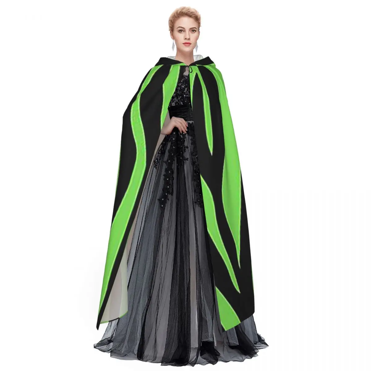 Mantello lungo con cappuccio verde con stampa zebrata Costume medievale da strega Mantello cosplay HalloweenVampiro Adulto unisex